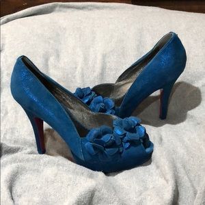 Blue peep toe platform heels